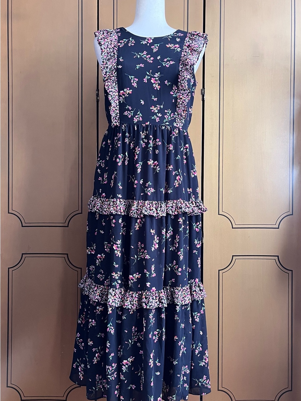 J. Crew Black Floral Ruffle Tiered Maxi Dress